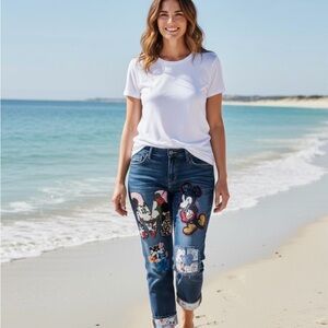 Embellished Dark Blue Women's Jeans with Character Appliqués